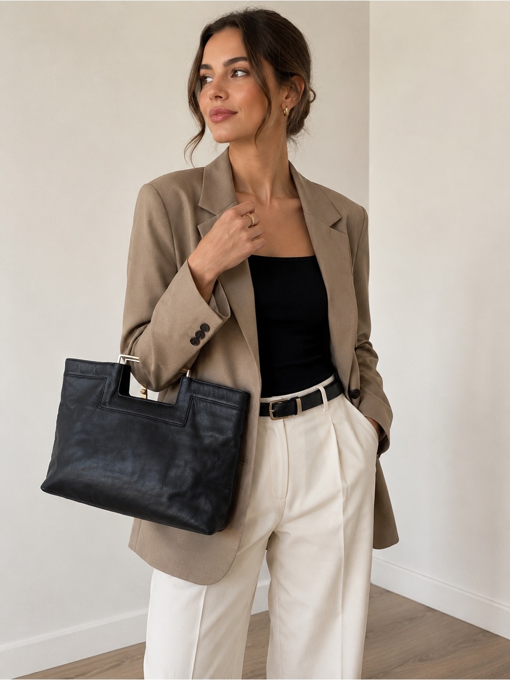 Banana Republic Black Leather Tote Bag with Metal Handle